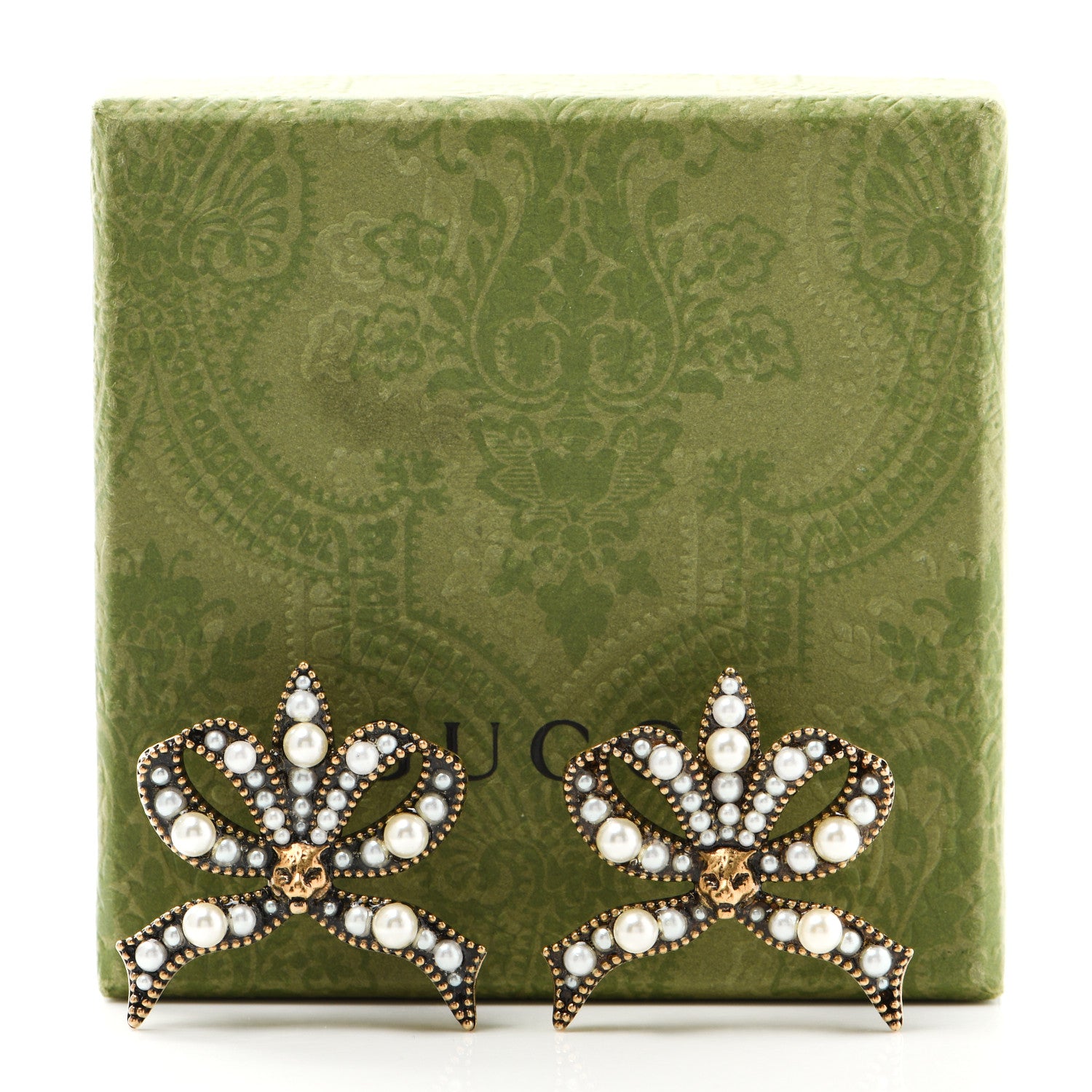 Gucci Metal Crystal Resin Pearl Feline Bow Earrings Aged Gold 5 of 5