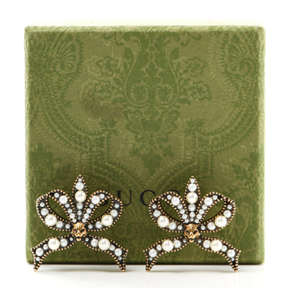 Gucci Metal Crystal Resin Pearl Feline Bow Earrings Aged Gold 5 of 5