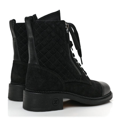 Chanel Suede Quilted CC Lace Up Combat Boots 36 Black 4 of 8