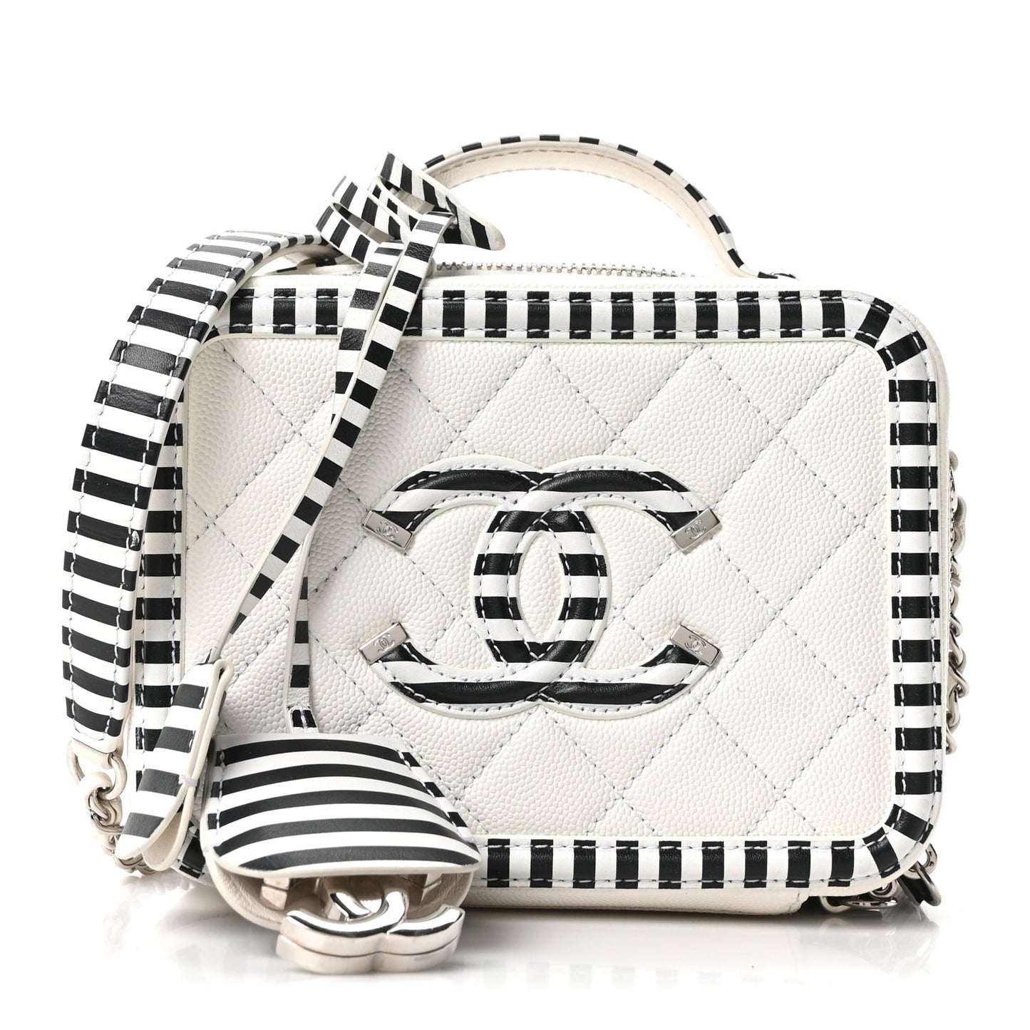 Caviar Quilted Striped Small CC Filigree Vanity Case White Black