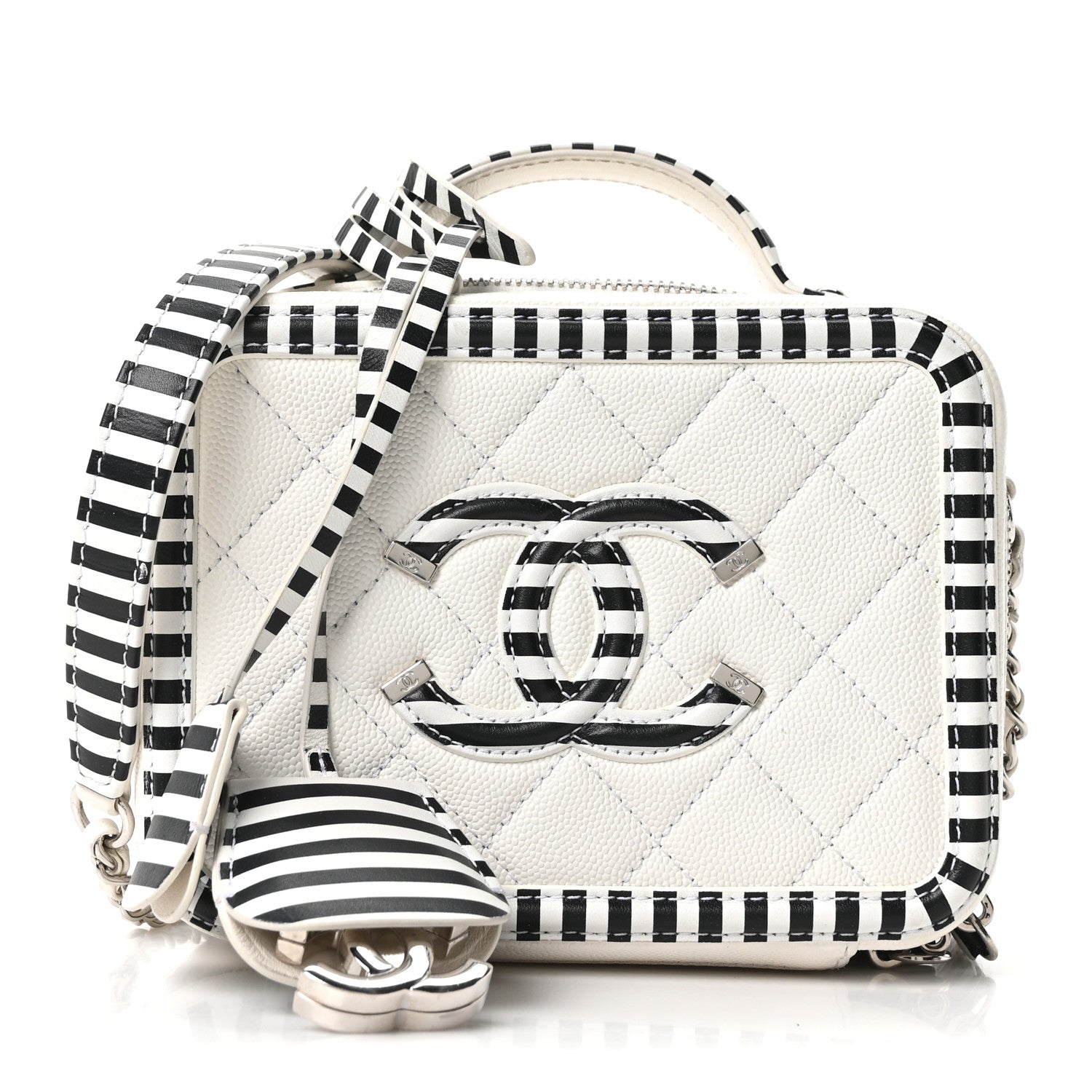 Chanel Caviar Quilted Striped Small CC Filigree Vanity Case White Black 1 of 10