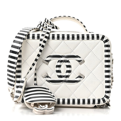 Chanel Caviar Quilted Striped Small CC Filigree Vanity Case White Black 1 of 10