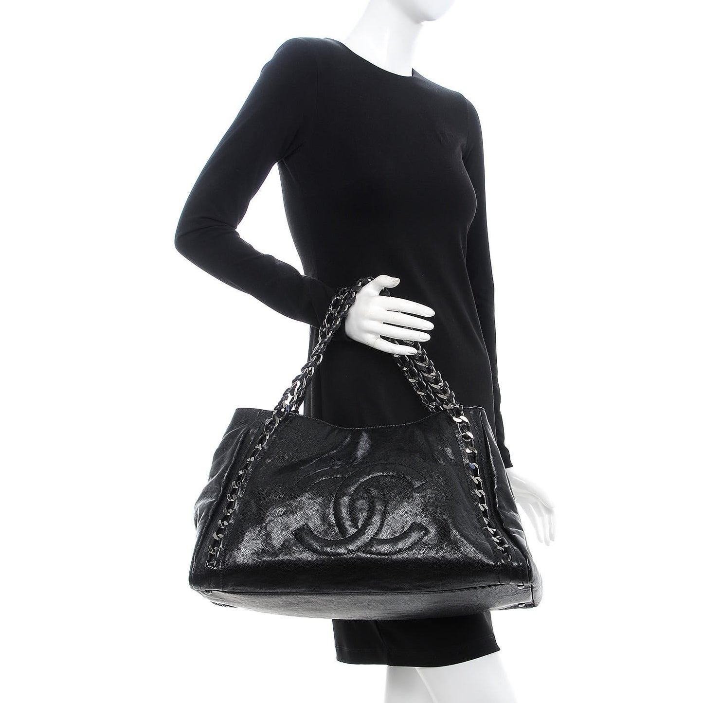 Glazed Caviar East West Modern Chain Tote Black