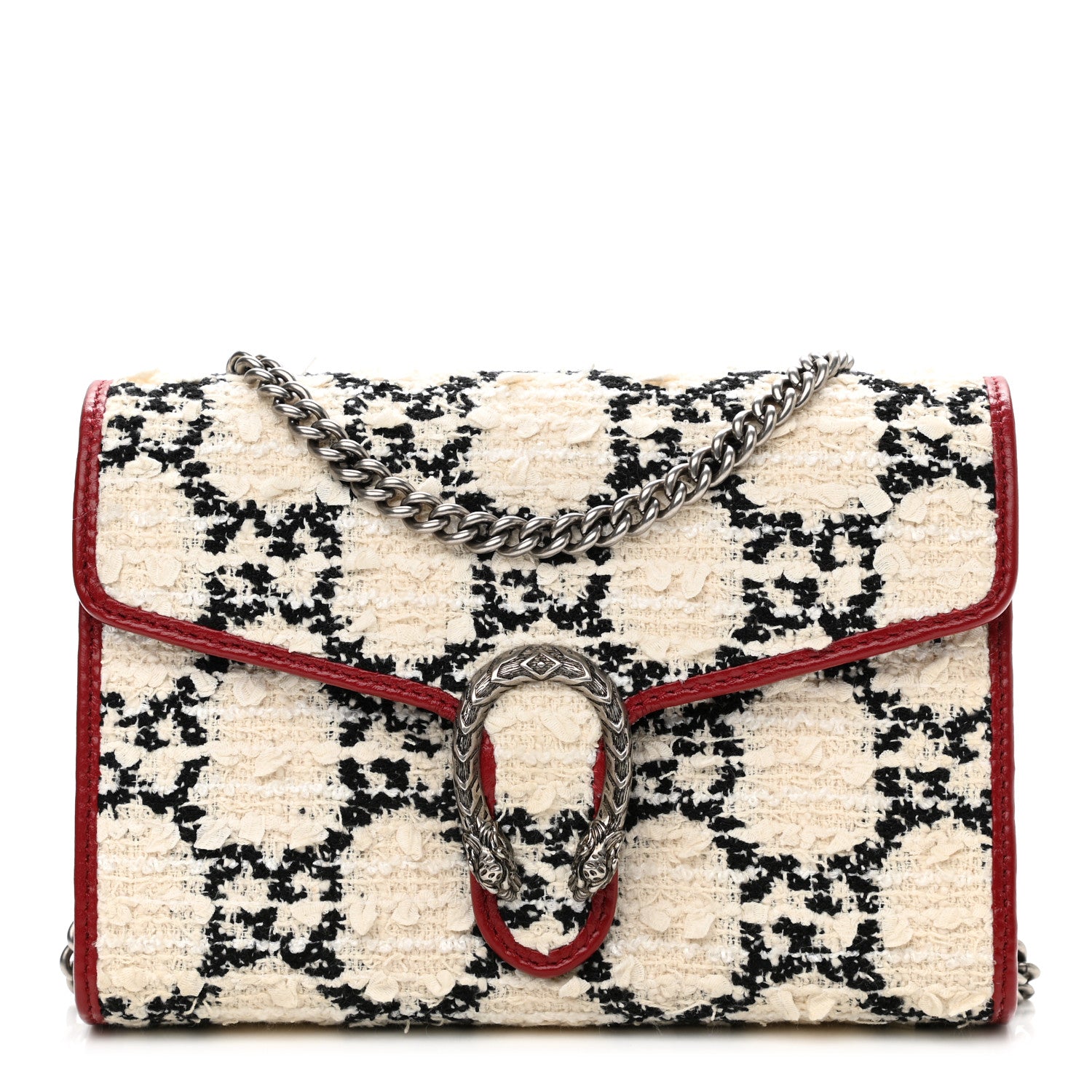 Gucci Tweed GG Monogram Mini Dionysus Chain Wallet White Black Romantic Cherry 1 of 10