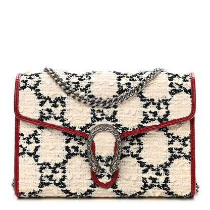 Gucci Tweed GG Monogram Mini Dionysus Chain Wallet White Black Romantic Cherry 1 of 10