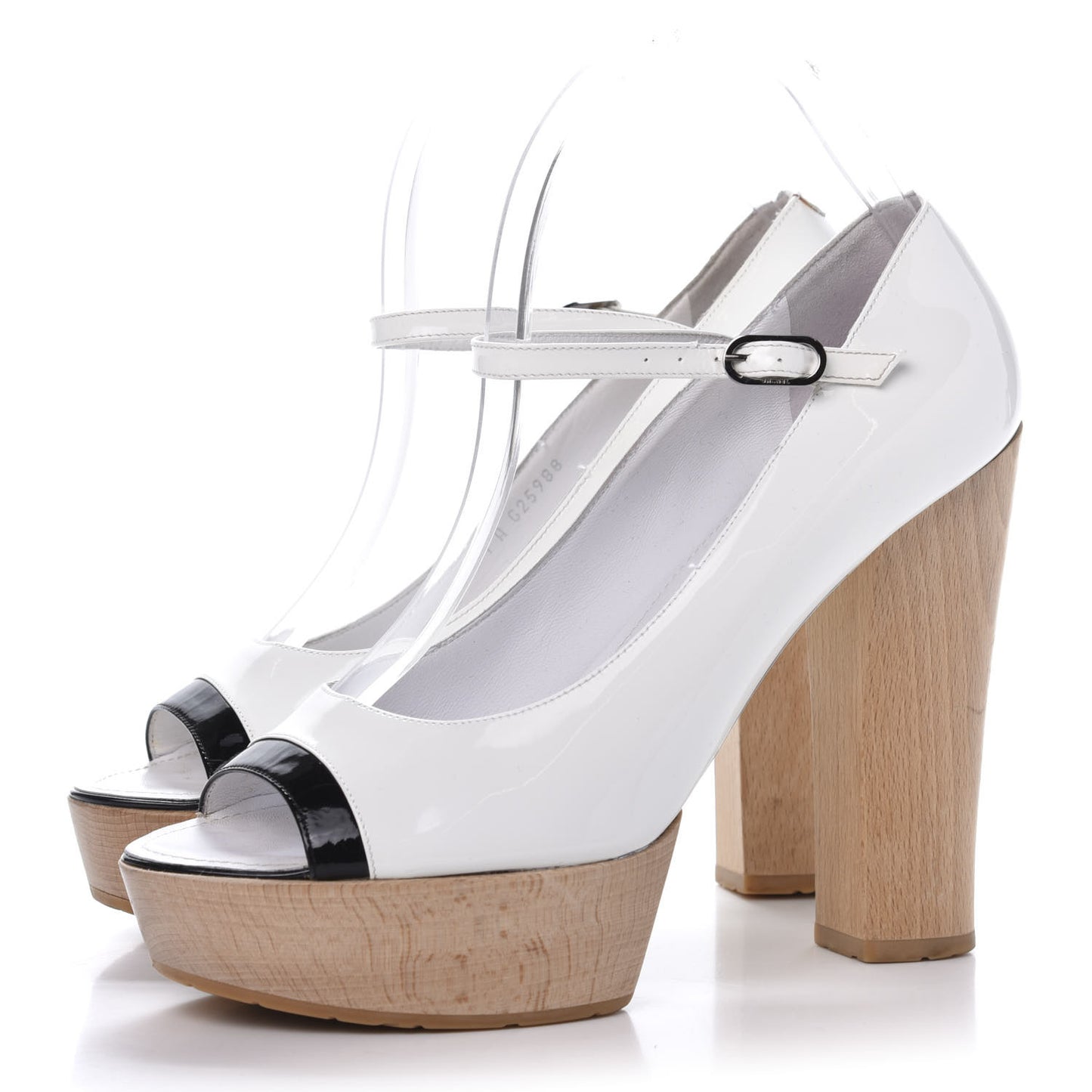 Patent Wooden Heel Peep Toe CC Pumps 40.5 White