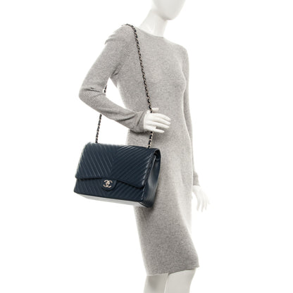 Chanel Caviar Chevron Quilted Maxi Double Flap Navy Blue 2 of 8