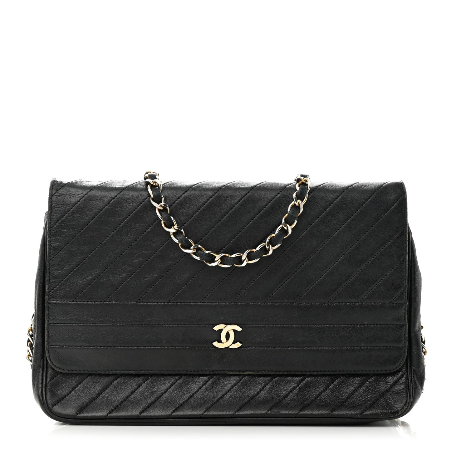 Lambskin Diagonal Quilted Small Single Flap Black