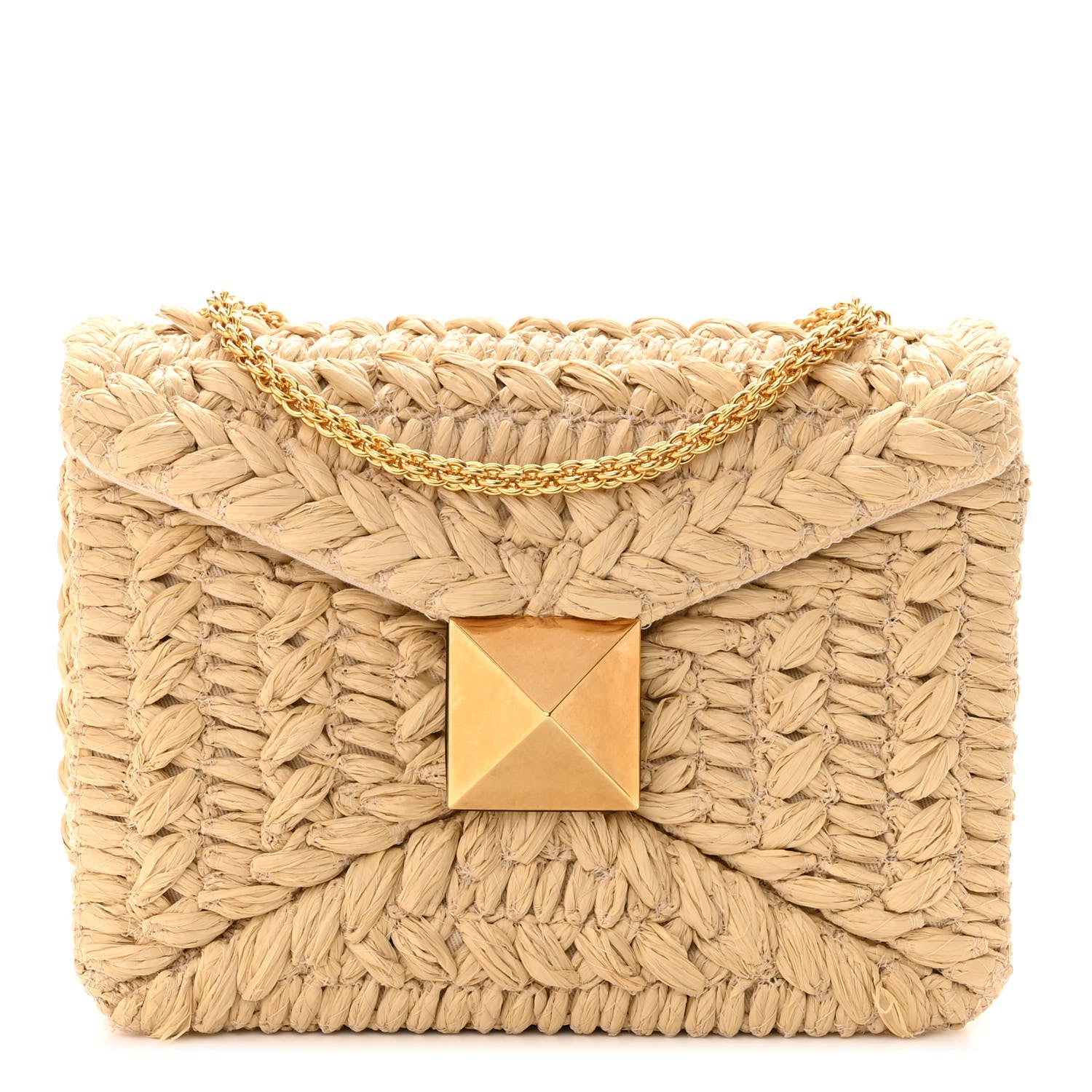 Valentino Garavani Raffia One Stud Chain Clutch Natural 1 of 10