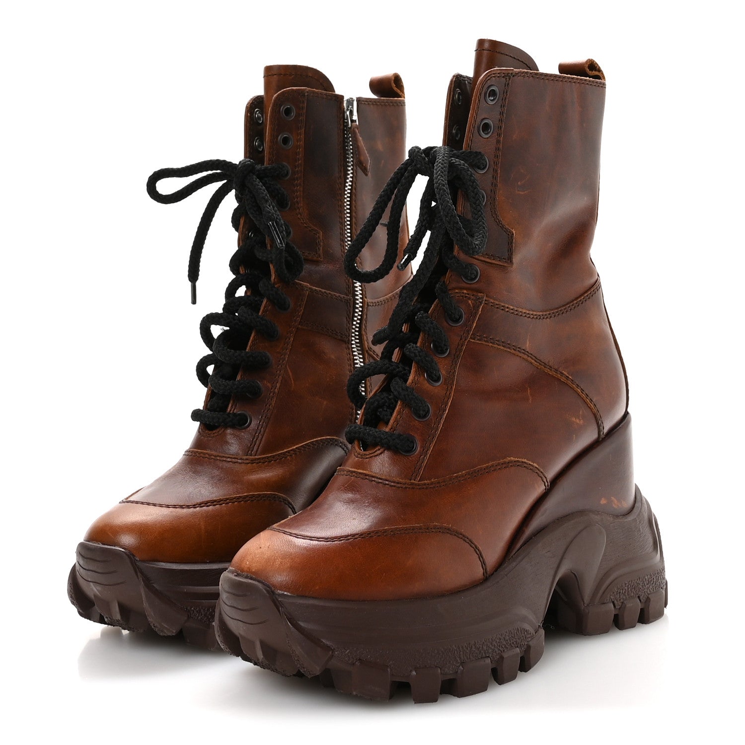 Miu Miu Distressed Calfskin Platform Wedge Lace Up Combat Boots 38 Brown 4 of 8