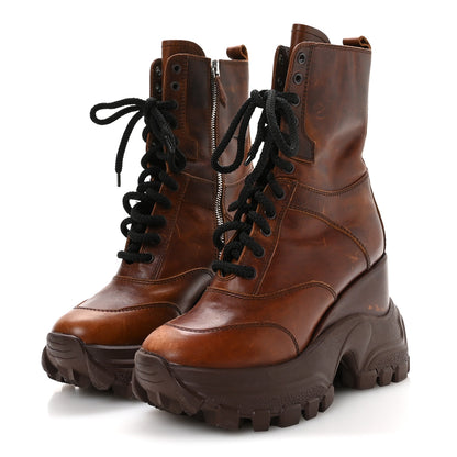 Miu Miu Distressed Calfskin Platform Wedge Lace Up Combat Boots 38 Brown 4 of 8