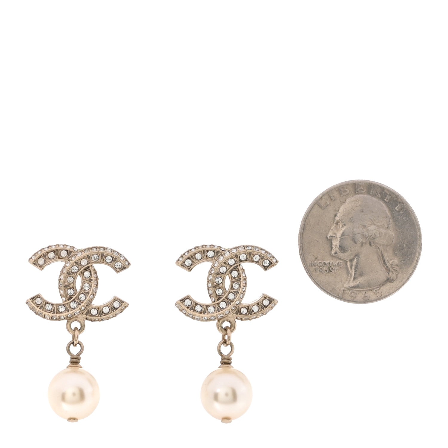 Chanel Crystal Timeless CC Pearl Drop Earrings Light Gold 2 of 5