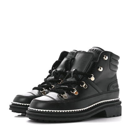 Chanel Calfskin Lambskin Lace Up Boots 35 Black 3 of 9
