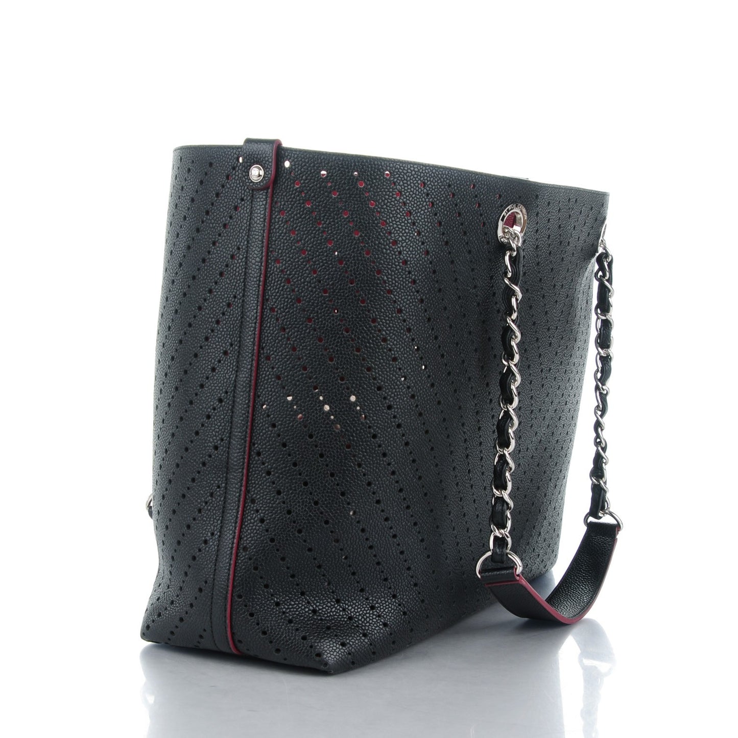Perforated Grained Calfskin Large Shopping Tote Black