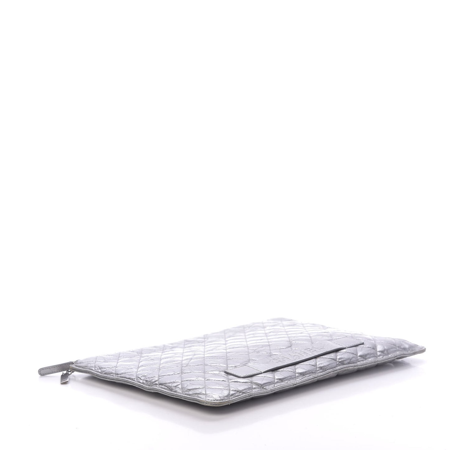 Metallic Crumpled Calfskin Quilted Large Slide Pouch Silver