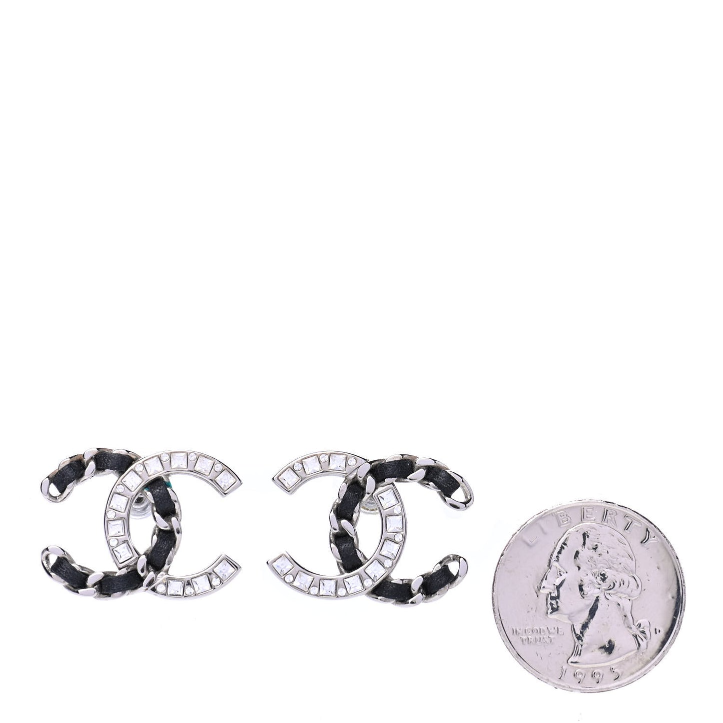 Crystal Baguette Lambskin Large CC Earrings Silver Black