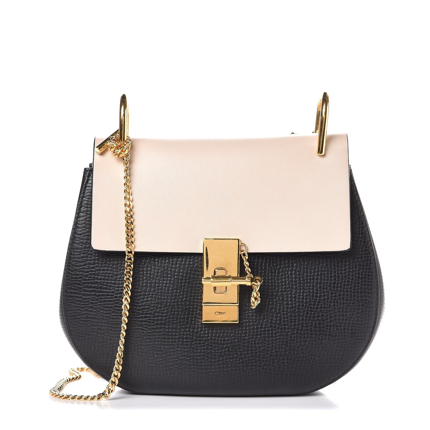 Chloe Grained Calfskin Lambskin Bi-Color Drew Shoulder Bag Black Powder Beige 1 of 8