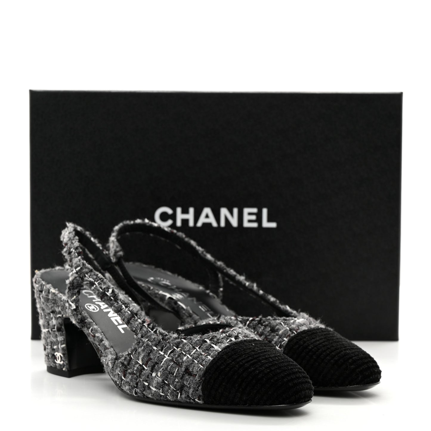 Tweed Corduroy Cap Toe Slingback Pumps 37 Grey Black