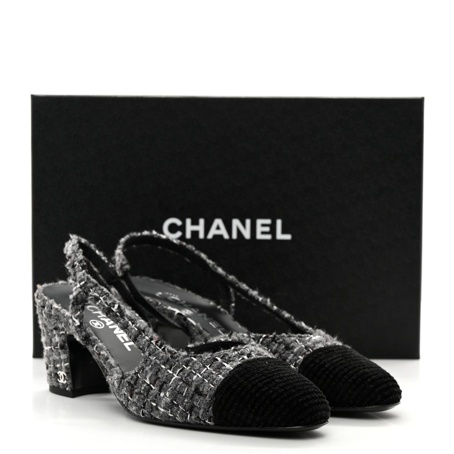 Chanel Tweed Corduroy Cap Toe Slingback Pumps 37 Grey Black 9 of 9