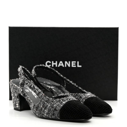 Chanel Tweed Corduroy Cap Toe Slingback Pumps 37 Grey Black 9 of 9