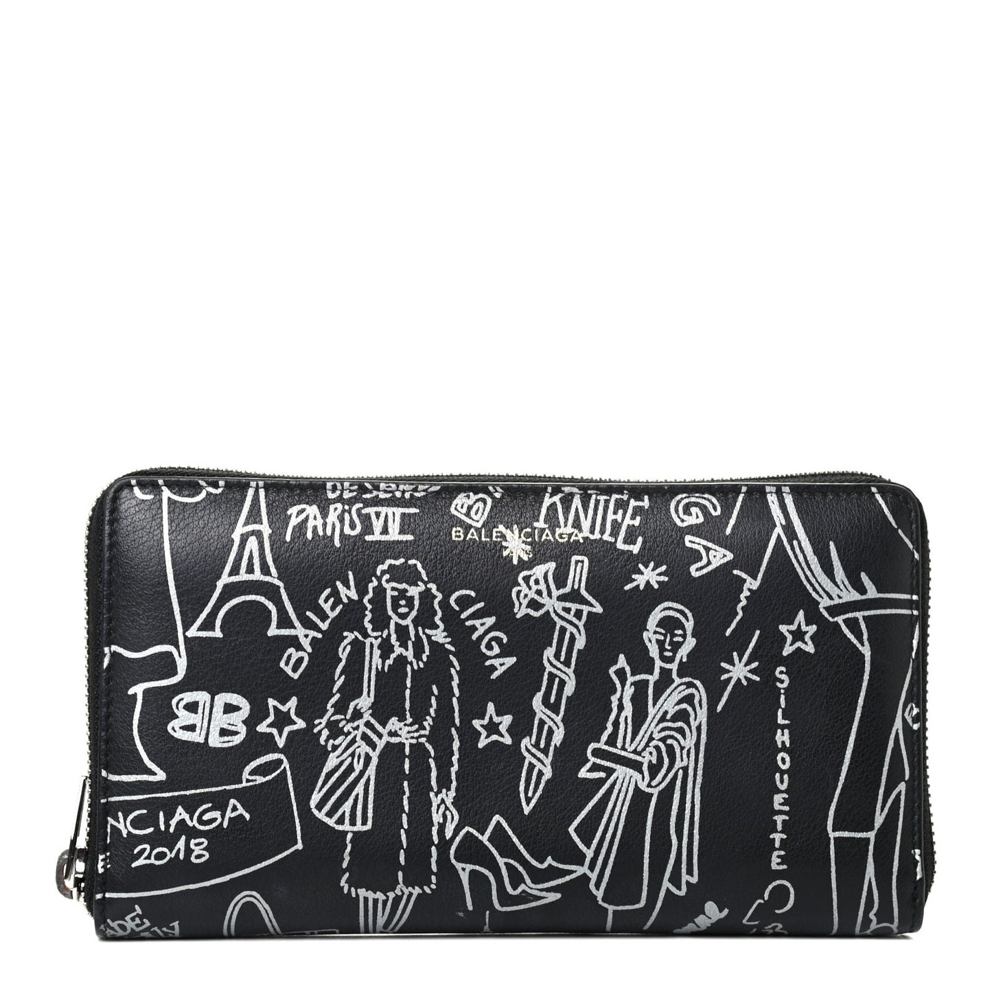 Calfskin Classic Silver Hardware Printed Tattoo Everyday Continental Zip Around Wallet Black