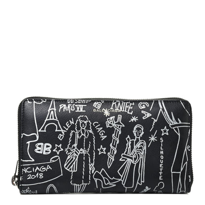 Balenciaga Calfskin Classic Silver Hardware Printed Tattoo Everyday Continental Zip Around Wallet Black 1 of 4