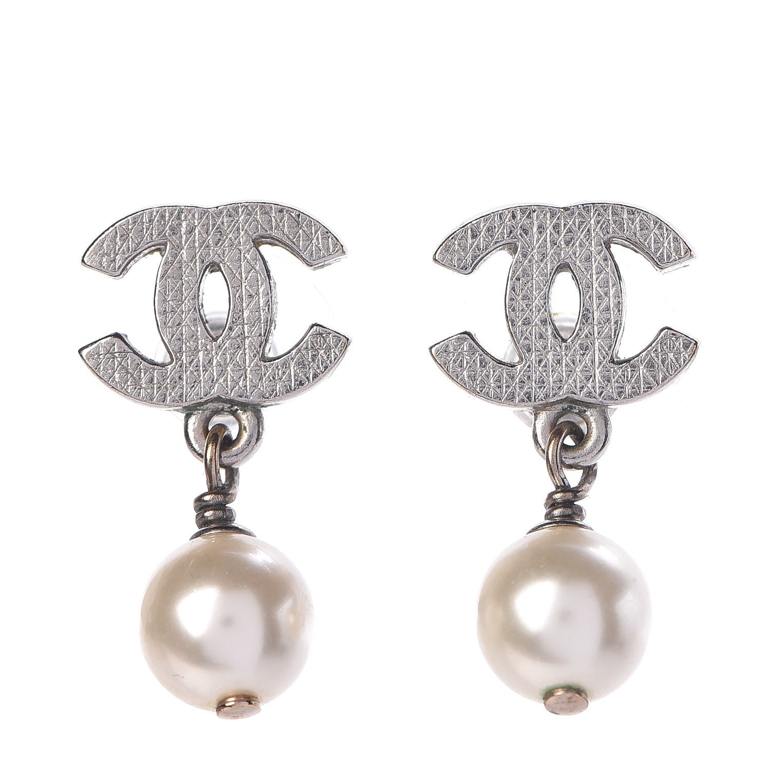 Chanel Pearl Quilted CC Drop Earrings Silver 1 of 4