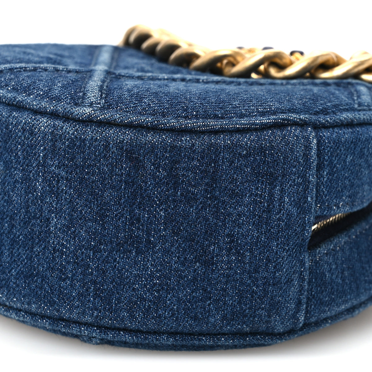 Denim Quilted Chanel 19 Round Clutch With Chain Blue