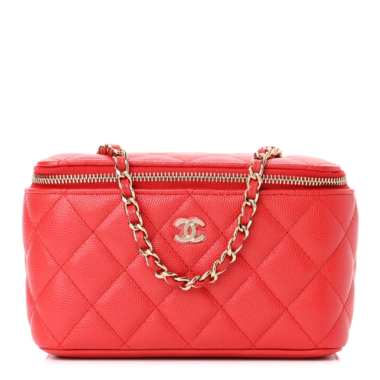 Caviar Quilted Small Vanity Case With Chain Red