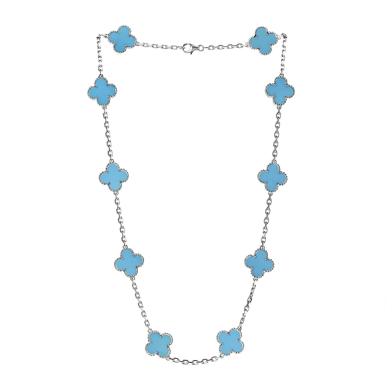 Van Cleef & Arpels 18K White Gold Turquoise 10 Motifs Vintage Alhambra Necklace 3 of 9