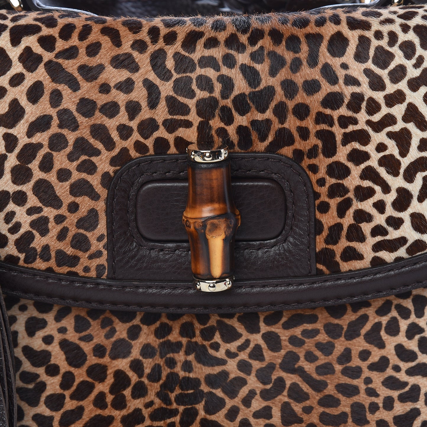 Pony Hair Jaguar Print Large New Bamboo Top Handle Bag