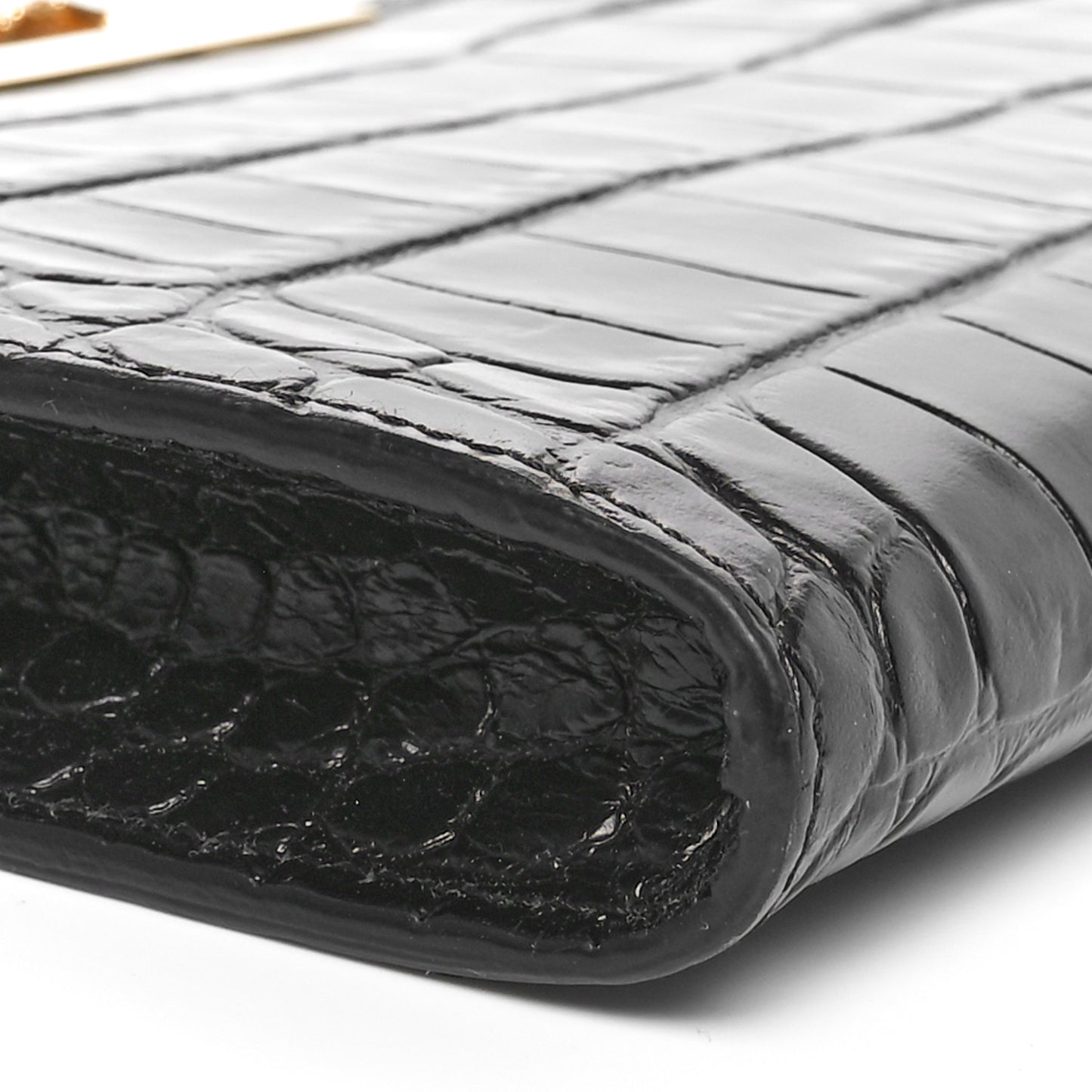 Calfskin Crocodile Embossed Knuckle Flat Clutch Black Gold