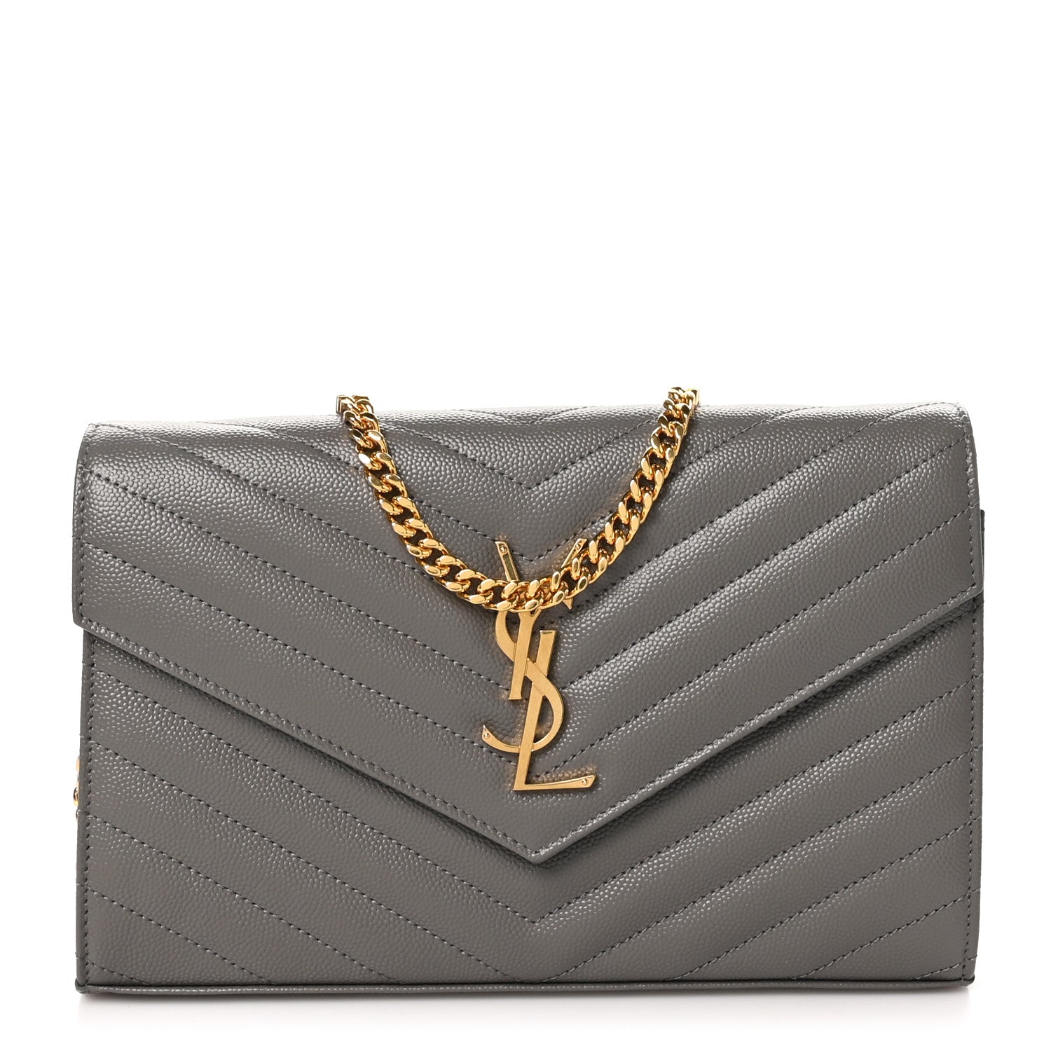 Saint Laurent Grain De Poudre Matelasse Chevron Monogram Chain Wallet Fog 1 of 10