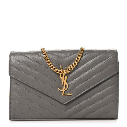 Saint Laurent Grain De Poudre Matelasse Chevron Monogram Chain Wallet Fog 1 of 10