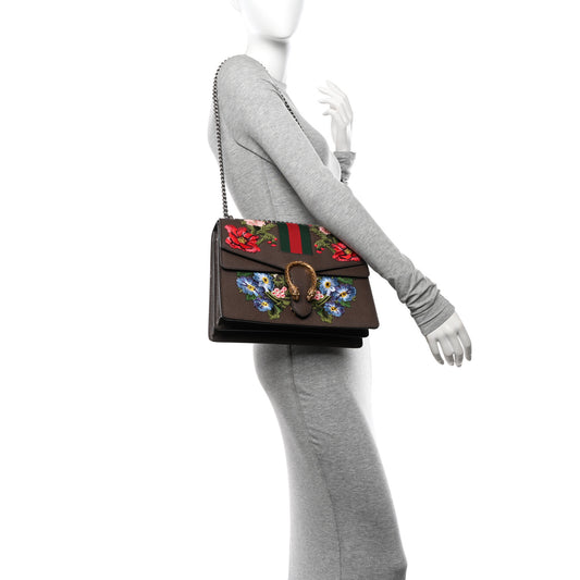 Calfskin Web Floral Embroidered Medium Dionysus Shoulder Bag New Acero