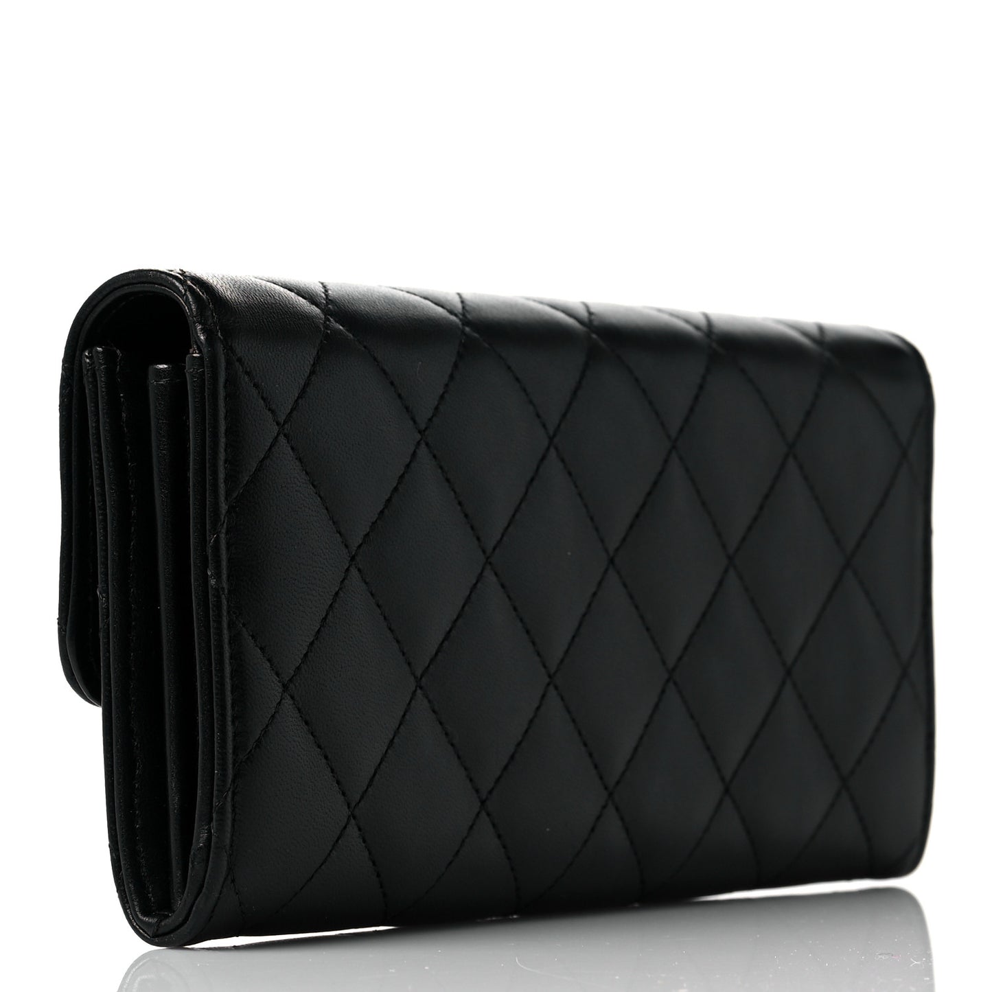 Lambskin Quilted Large Gusset Flap Wallet Black