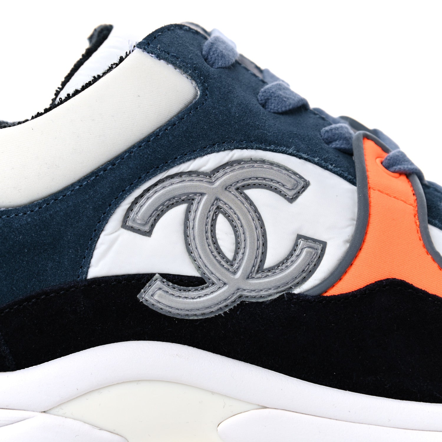 Chanel Nylon Calfskin Suede CC Womens Sneakers 39 Navy White Orange 9 of 14