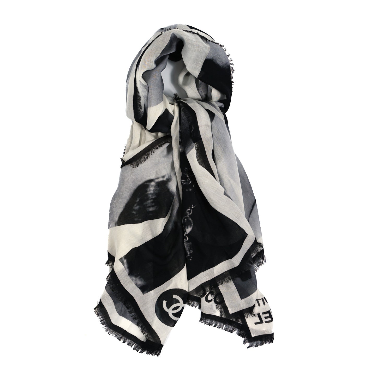 Cashmere Wool Fringe Stole White Black