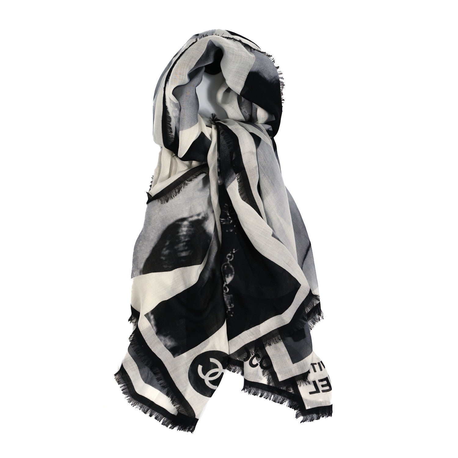 Chanel Cashmere Wool Fringe Stole White Black 1 of 4