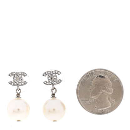 Chanel Crystal Pearl CC Drop Earrings Silver Pearly White 2 of 5