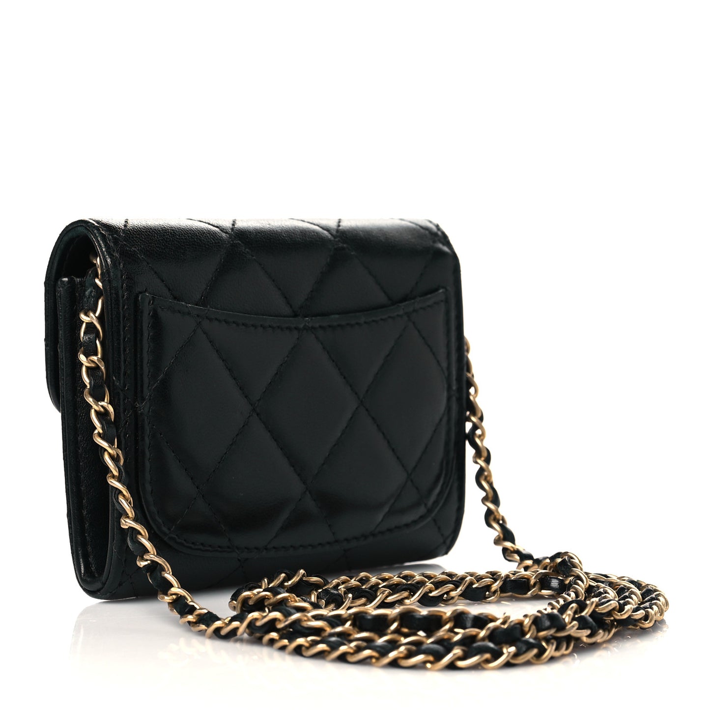 Lambskin Quilted Flap Card Holder On Chain Black