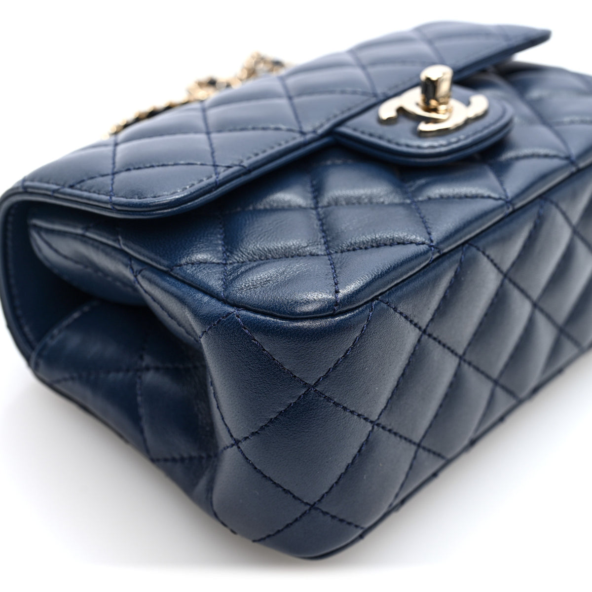 Lambskin Quilted Mini Crystal Top Handle Rectangular Flap  Navy