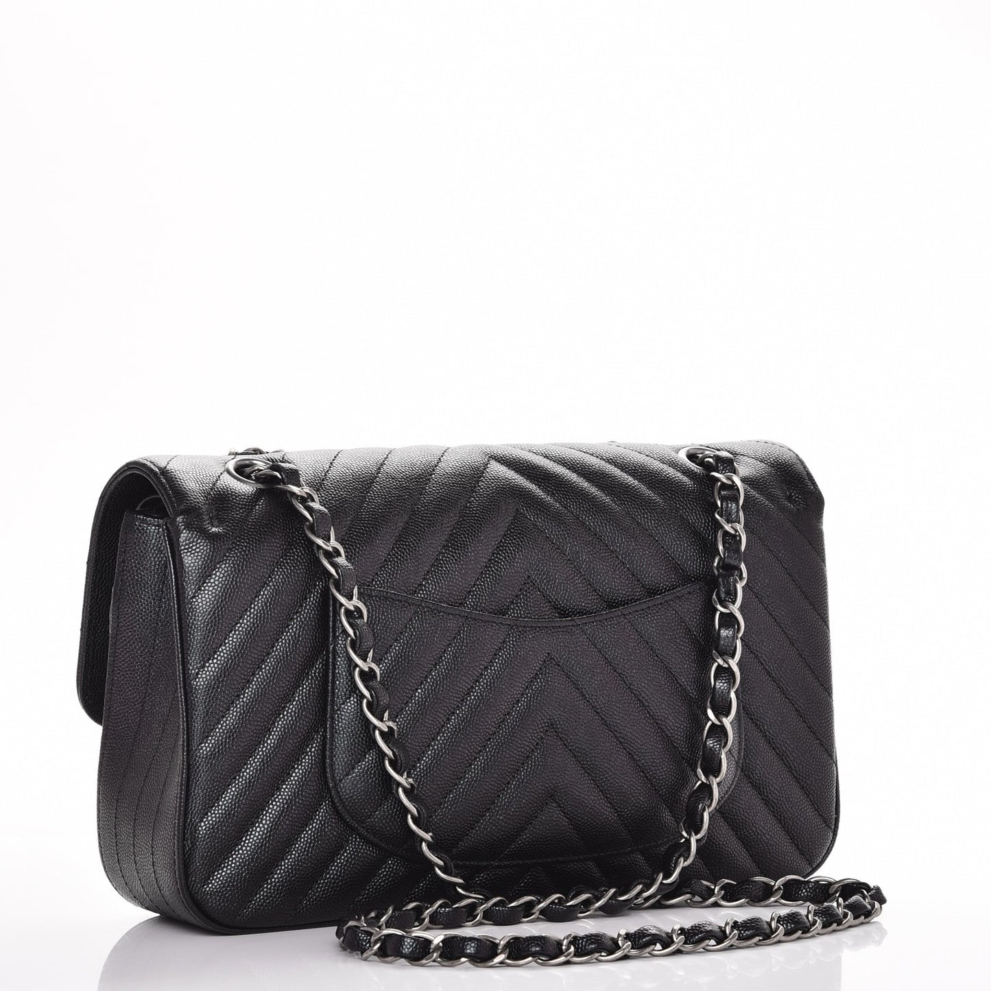 Iridescent Caviar Chevron Quilted Medium Double Flap Black