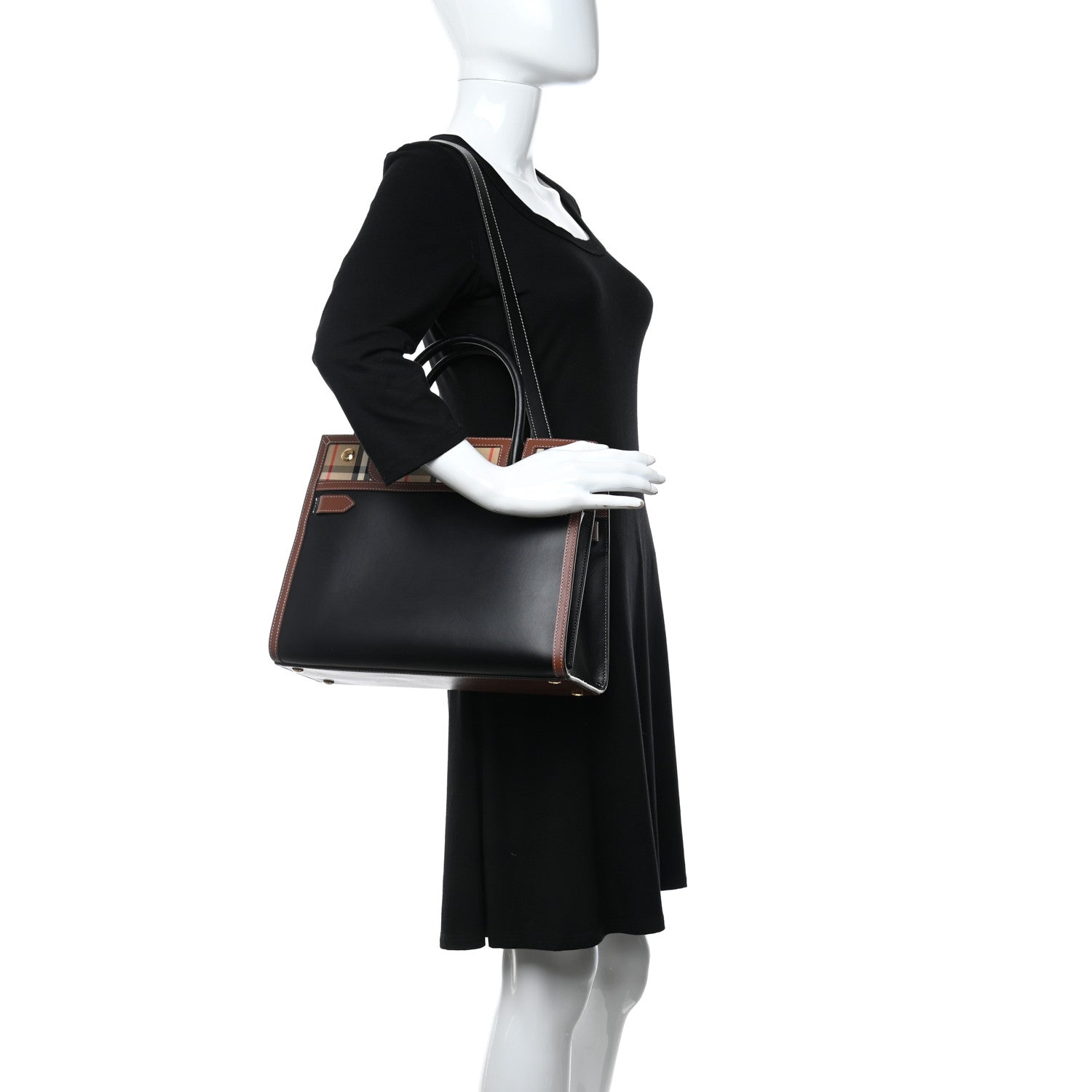 Burberry Calfskin Vintage Check Small Two Handle Title Bag Black 2 of 19
