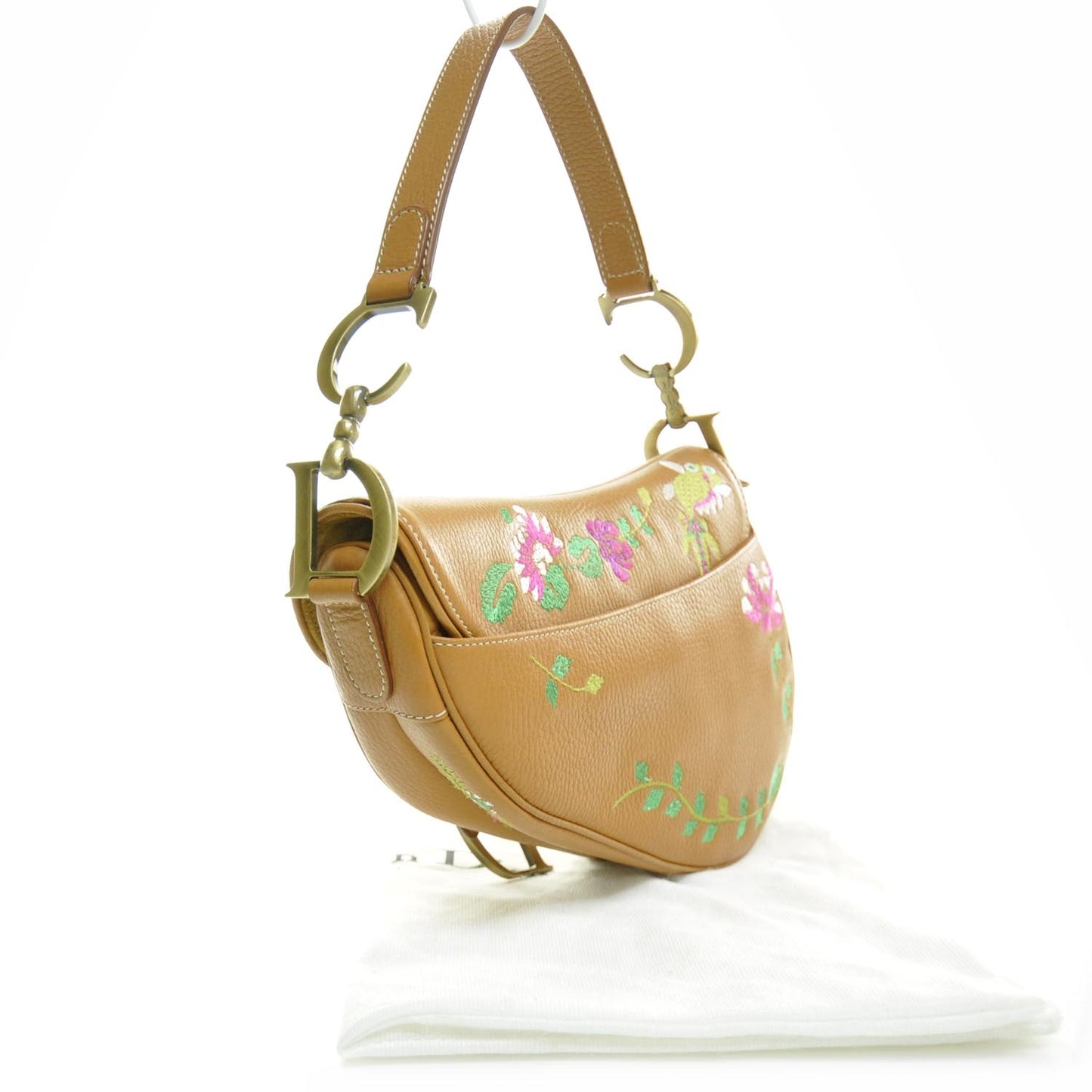 Grained Calfskin Floral Embroidered Saddle Bag Beige
