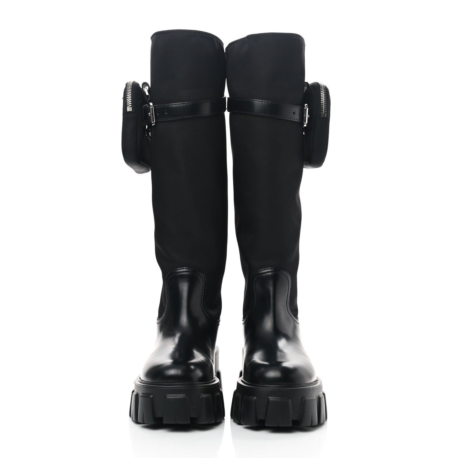 Prada Spazzolato Rois Re-Nylon Metal Triangle Logo Monolith Pouch Pocket 55mm Tall Boots 35 Black 3 of 7