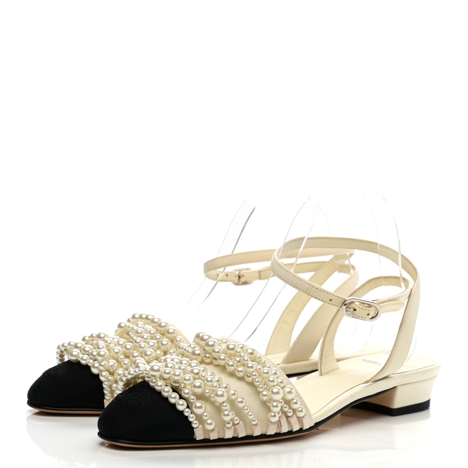 Chanel Lambskin Grosgrain Pearl Slingbacks 37.5 Ivory Black 3 of 12