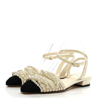Chanel Lambskin Grosgrain Pearl Slingbacks 37.5 Ivory Black 3 of 12