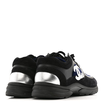 Chanel Suede Velvet Lambskin Mens CC Sneakers 44 Black Blue Silver 5 of 11