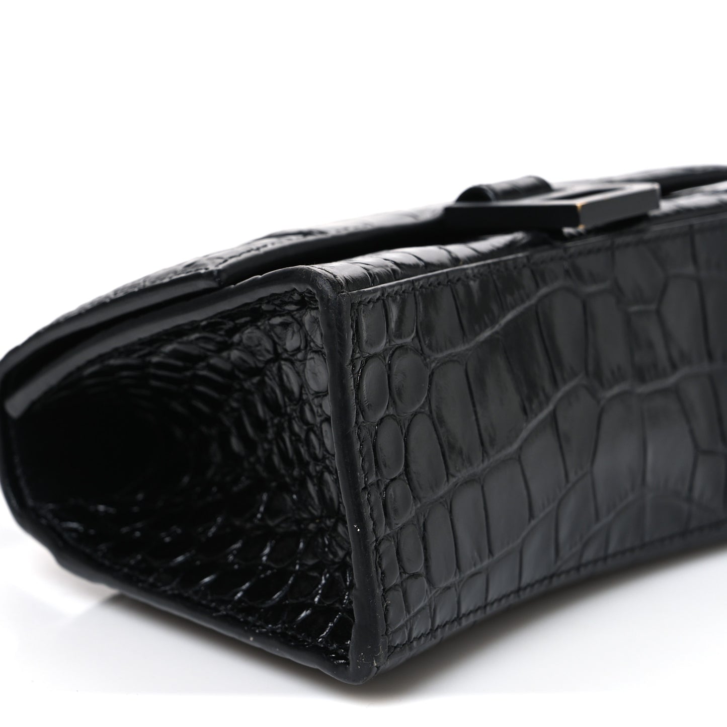 Shiny Calfskin Monochrome Crocodile Embossed Hourglass Top Handle Bag XS Black